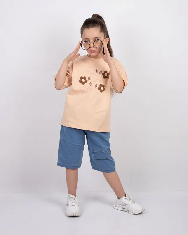 ست تیشرت و شلوارک جین دخترانه سه گل