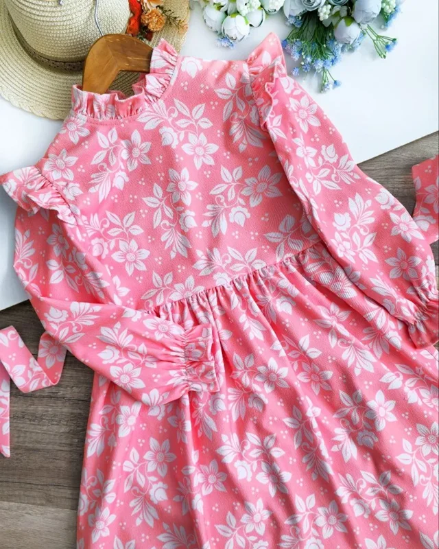 پیراهن مخمل کبریتی دخترانه مدل گل صورتی